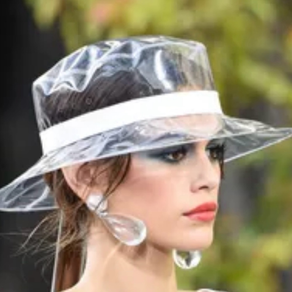 Chanel Runway CC Clear Rain PVC Clear Vinyl Wide-Brim Hat with Ivory Band - Picture 3 of 16
